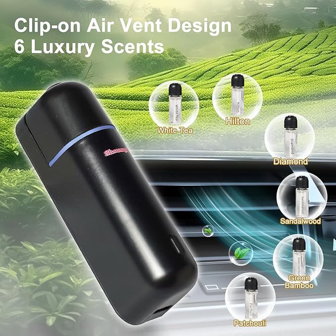 Car Air Freshener Diffuser, Motion Sensor Waterless Essential Oil Diffuser for Car USB Rechargeable Air Freshener with 6 Refill Scents（Hilton/Sandwood/WhiteTea/Diamond/GreenBamboo/Pachuli