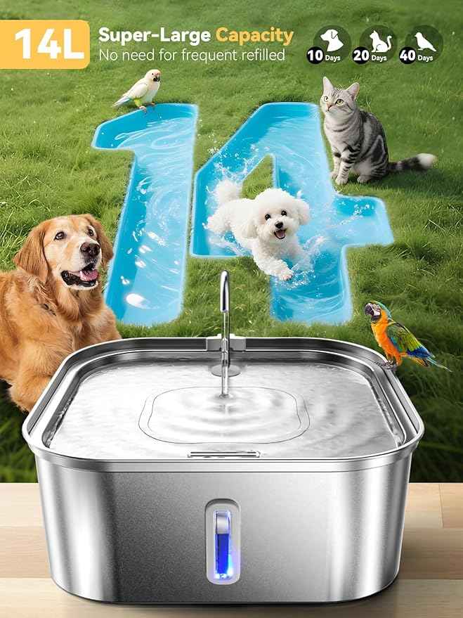 Large Dog Water Fountain 14L/3.7Gal, Stainless Steel Pet Fountain for Large Dogs and Multi-Pets Families, Square Design Enlarges Capacity & Saves Space (Fountain & 7pcs Filters)