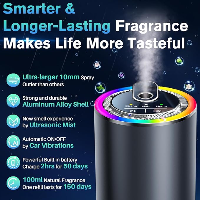 Smart Car Air Freshener with Starry Sky Projection, 50ml Perfume Air Fresheners Diffuser 6 Months Long-Lasting Fragrance for Car, RGB Music-Sync Lights, Auto On/Off Intelligent, 3 Modes, Ocean Scent