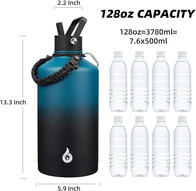 BJPKPK 1 Gallon Water Bottle with Straw Lid, 128oz Large, Stainless Steel Water Bottles with 3 Lids and Paracord Strap, Double Wall Vacuum Metal Water Jug, Blue & Black