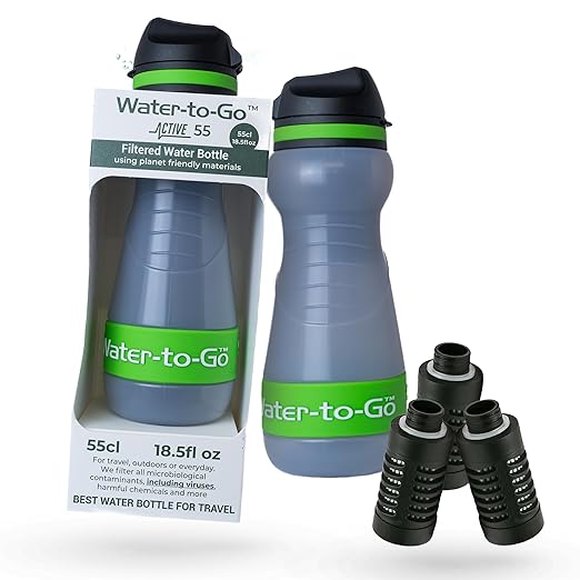 Small Filtered Water Bottle (18.5oz/55cl) Value Bundle with Three Filters, Nanofiltration Water Bottle with Filter for Travel, BPA-Free Bioplastic. Green