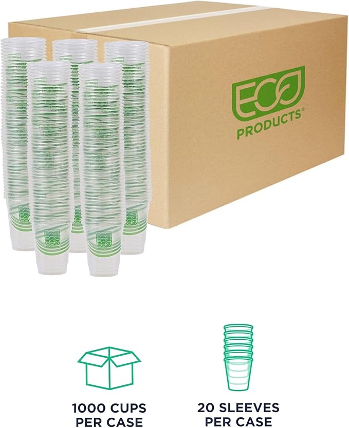 ECO PRODUCTS GreenStripe Clear Compostable 9oz PLA Plastic Cups, Case of 1000, Disposable Renewable Plant-Based Cold Cups, For Cold Drinks & Snacks, BPI Certified, ASTM Compliant.