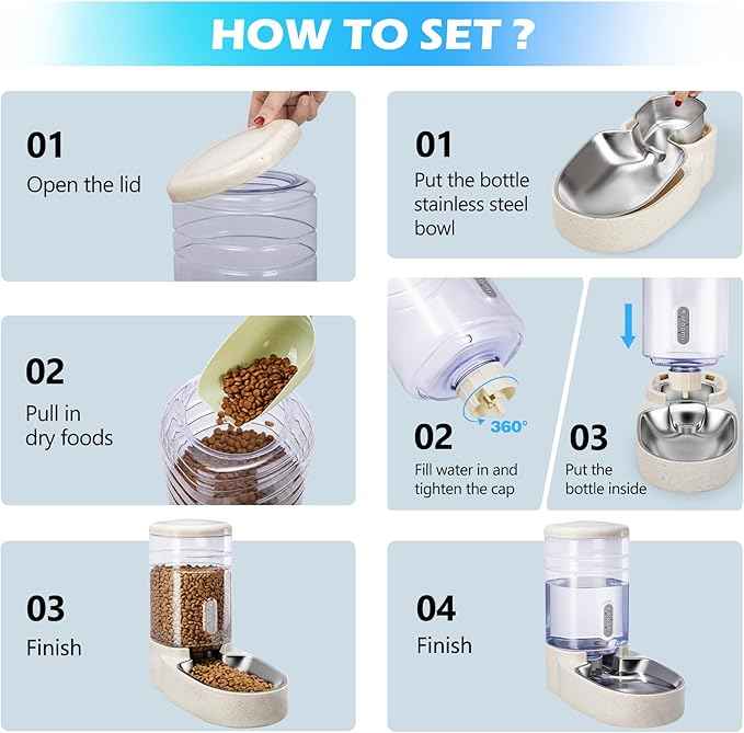 Automatic Cat Feeder and Water Dispenser with Stainless Steel Bowl Gravity Food Feeder and Waterer Set for Small Medium Dog Puppy Kitten 1 Gallon x 2(Beige)