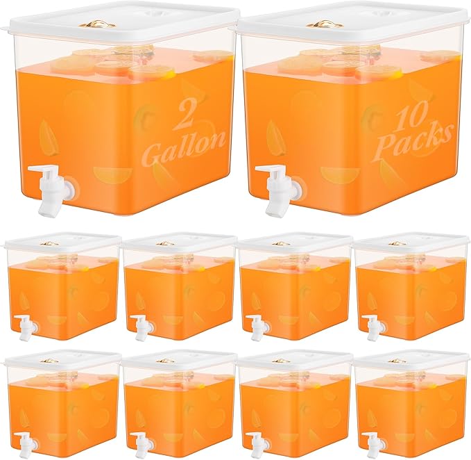 Domensi 10 Pack 2 Gallon Drink Dispenser for Fridge with Spigot Water Dispenser Leak Proof Lids Filter Screen Beverage Juice Container Sealed Plastic Lemonade Milk Cold Hot Drink Tea Jug for Party