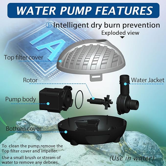WaterRebirth HSP1600N Versatile Submersible Pump with Fountain Jets - for Aquariums, Ponds, Fountains, Turtle Tanks - 396GPH - AquaVibe