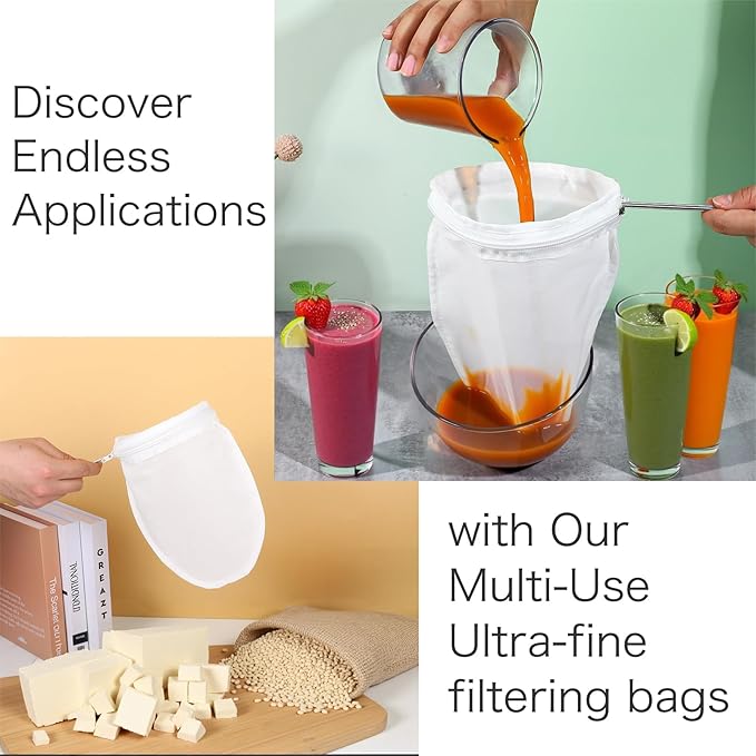 4pcs Ultra Fine Mesh Strainer Bags with Stainless Steel Handle, Nut Milk Bag Strainer, Reusable Cheese Cloth for Straining Juices, Honey, Butter with steel ring