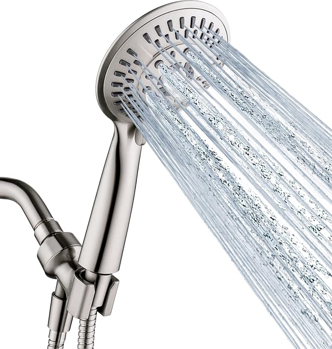 BRIGHT SHOWERS 9 Spray Settings Shower Head with Handheld High Pressure Brushed Nickel Hand Held Showerhead with 60 Inch Stainless Steel Hose and Adjustable Overhead Bracket - AquaVibe