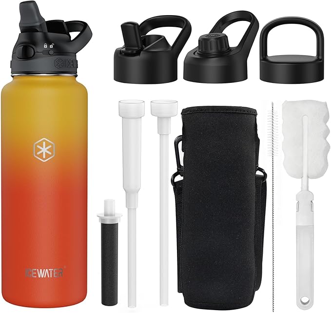 ICEWATER 40 oz Versatile Water Bottle with 4 Lids (Filtered Straw Option Reduces Chlorine Taste & Odor Great for Travel), Triple Wall Vacuum Stainless Steel Insulated Cold for 48H Leak-Proof BPA-Free