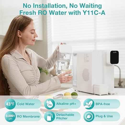 SimPure Y11C-A UV Reverse Osmosis Water Filter Countertop with Cold Water & Alkaline Mineralization, 6-Stage RO Filtration System, 43-59°F Adjustable, Detachable Pitcher, No Installation
