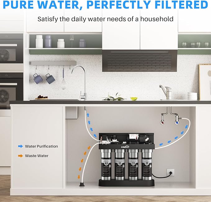 Alkaline UV Reverse Osmosis System Stainless Steel 500 GPD Tankless RO Water Filter 8 Stage Remineralization Under Sink Water Filtration with Faucet 2:1 Pure to Drain