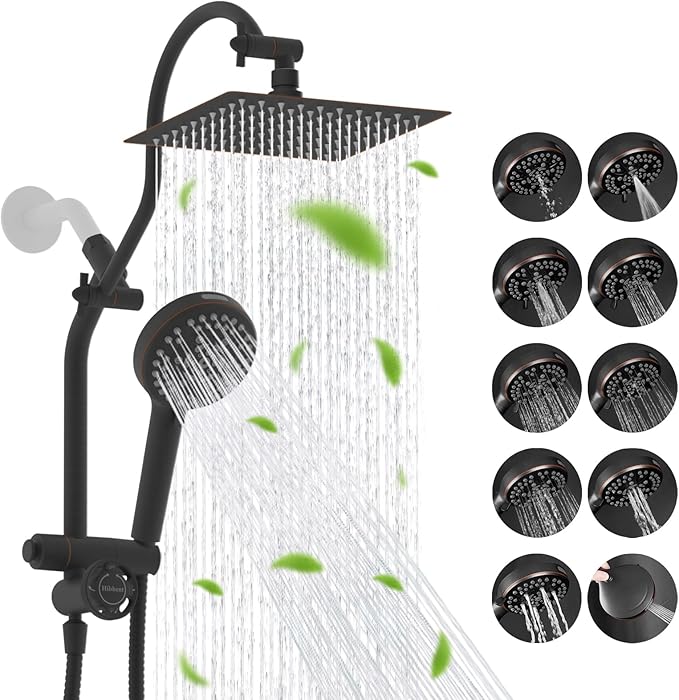 Hibbent cUPC Certified All Metal 8" Rainfall Showerhead Combo, High Pressure Shower Head with 10-Spray Handheld, Innovative 4-way Diverter with Pause Mode, 71'' Shower Hose & Holder, Oil Rubbed Bronze