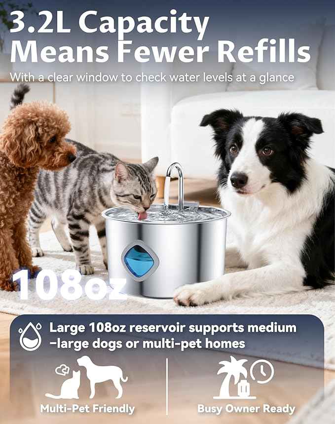 Dog Water - Multi-Filtration and Steady Water Circulation, Easy to Clean,Pet Water Fountain with Ultra-Quiet Pump (8 Filters + 4 Sponges)