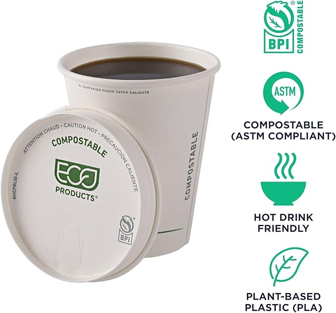 Eco-Products Compostable Paper Coffee Cup Lids, Case of 1000, White GreenStripe Tops, Fits 10-20oz Hot Cups, Lined With PLA, A Renewable Material Made from Plants, ASTM, BPI-Certified