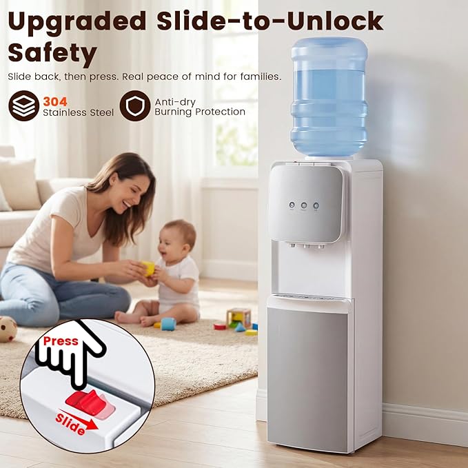 4 in 1 Water Cooler Dispenser with Ice Maker, Hot & Cold Water Dispenser for Home & Office, 33lbs/24H Bullet Ice, Top Loading 3-5 Gallon, Child Safety Lock, Ice Ready in 7 Min (White -Silver)