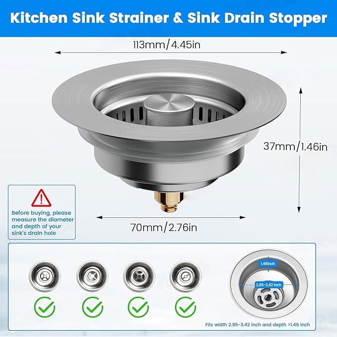 2025 Upgraded 3-in-1 Kitchen Sink Drain Strainer Stopper |Rust-Proof Strainer Basket |Universal Fit for Standard 3.5" Drains |Anti-Clog&Odor Filter |Efficient Drainage (Stainless Steel, 4 PCS)