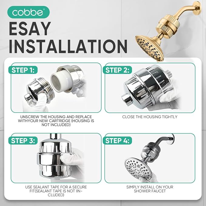 Cobbe HD HEAVY DUTY High Output Shower Filter – 99% REMOVAL Shower Head Filter for Hard Water, Heavy Metals, Chlorine and Harmful Substance, Improve your skin and hair - Egyptian Gold