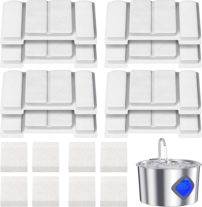 Cat Water Fountain Replacement Filters, 8-Pack Filters & 8 Sponges, Compatible with JIXZEN 3.2L Stainless Steel Cat Water Fountain (Model OC-10TY10)
