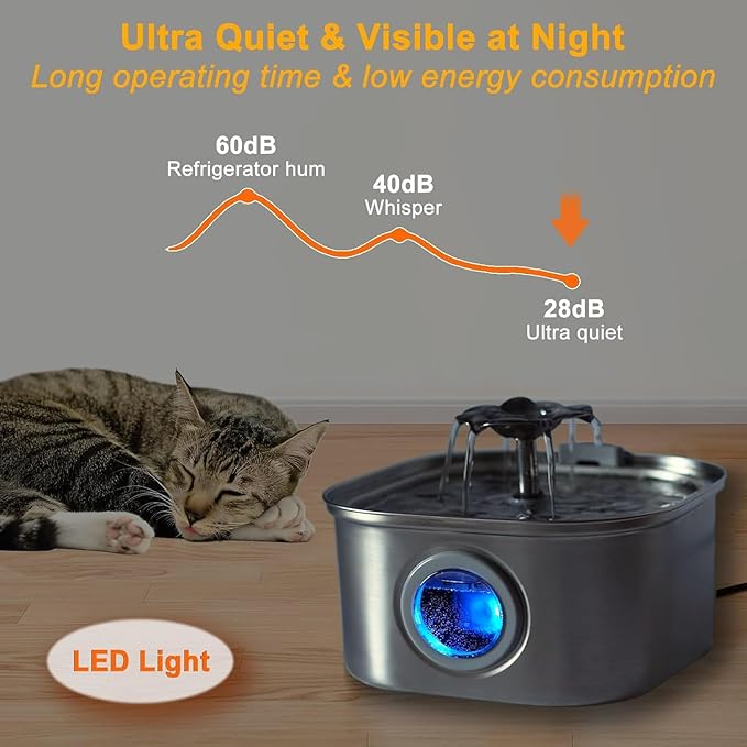 Cat Water Fountain Stainless Steel, 3.2L/108oz Pet Water Fountain with Water Level Window, Automatic Cat Water Dispenser for Drinking Indoor, Dogs, Multiple Pets,9 Replacement Filters & 9 Sponge