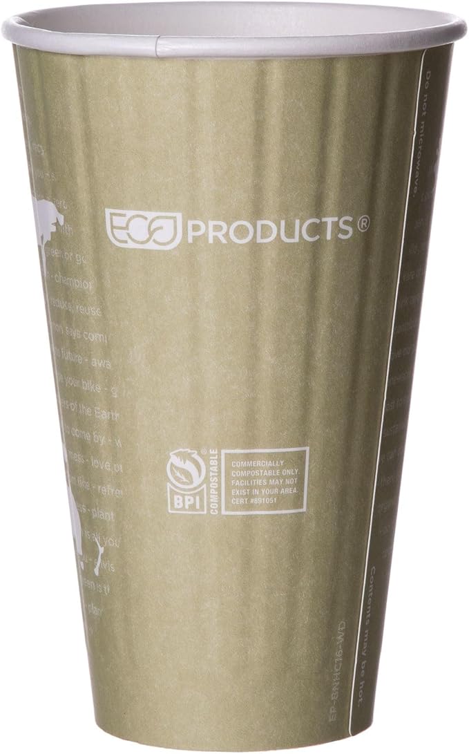 ECO PRODUCTS Compostable Disposable Insulated World Art 16oz Large Coffee Cups, Case of 600, Renewable Double-wall Hot Paper Cup, Plant Based PLA Lining, No Sleeves Needed, Color Coded