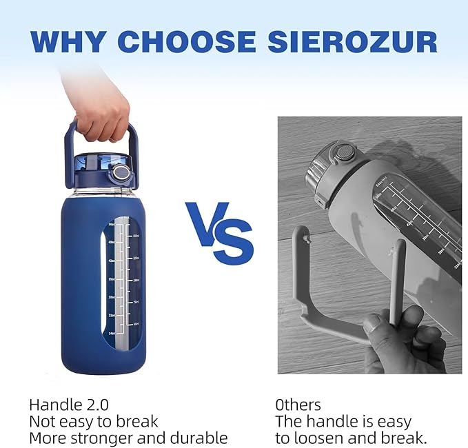 SIEROZUR 64 oz Glass Water Bottle with Straw and Handle Lid Half Gallon Motivational Glass Bottle with Silicone Sleeve and Time Marker Large Reusable Sports Water Jug for Gym Home Workout