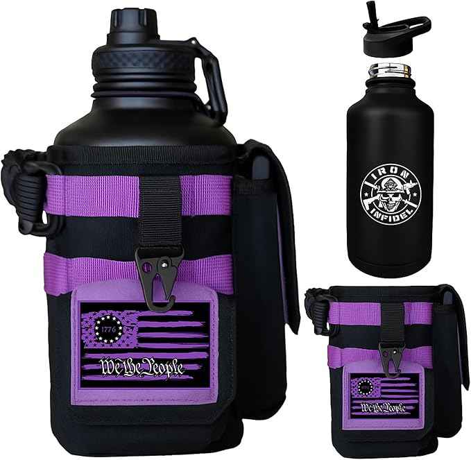 Iron Infidel Battle Bottle - Half Gallon Water Bottle Insulated, 64 oz Tactical Stainless Steel Water Jug with Handle - Gym Water Bottle with Rugged Sleeve for Storage (Twilight 2 Liter)