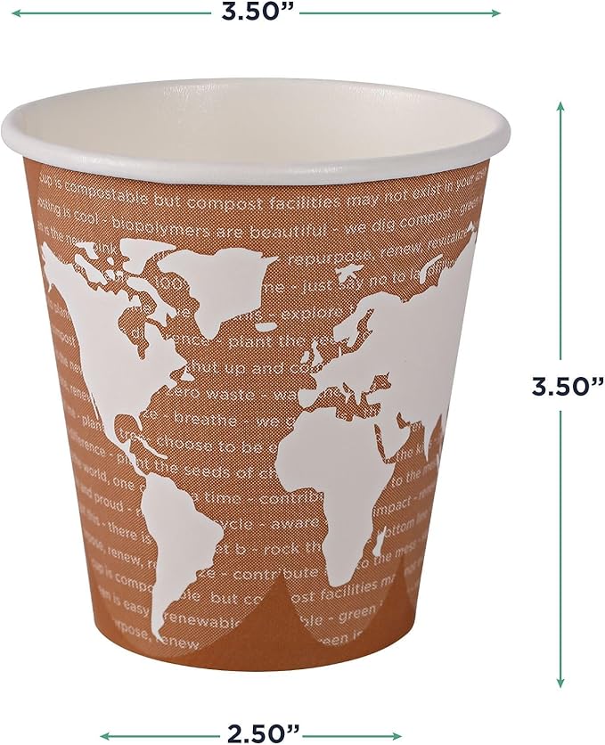 ECO PRODUCTS Compostable Disposable World Art 10oz Coffee Cups, Pack of 50, Renewable Hot Paper Cup, Plant Based PLA Lining, Color Coded