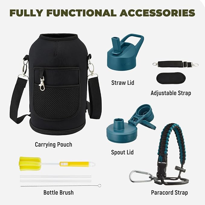 COKTIK 84oz Insulated Water Bottle - Stainless Steel Vacuum Metal, Portable ½ Gallon Large-Capacity Sports Bottle with Straw, Carry Bag and Handle Strap, Ideal for Gym & Hiking（Dark Night)