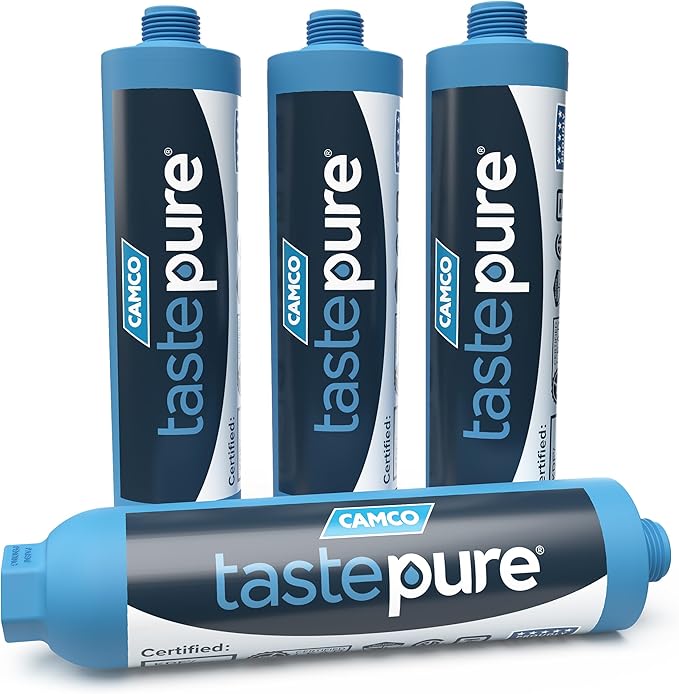 Camco Tastepure Camper/RV Water Filter - Inline Water Filter Reduces Bad Taste, Odor, Chlorine & Sediment - Ideal for RVs, Campers, Travel Trailers, Boats - Made in the USA - 4-Pack (40042)