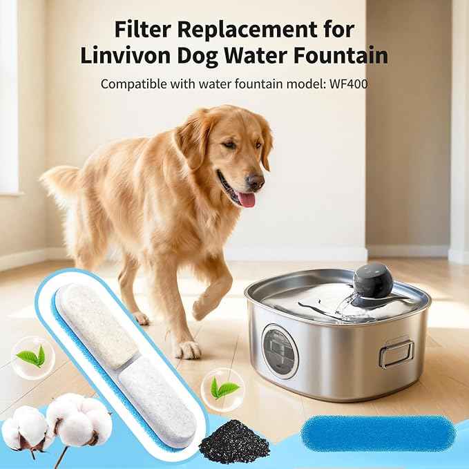 8-Pack Replacement Filters & Sponges Only for WF400 Pet Water Fountain, Design for Stainless Steel Dog Water Fountain for Large Dogs (No Include Bowl)