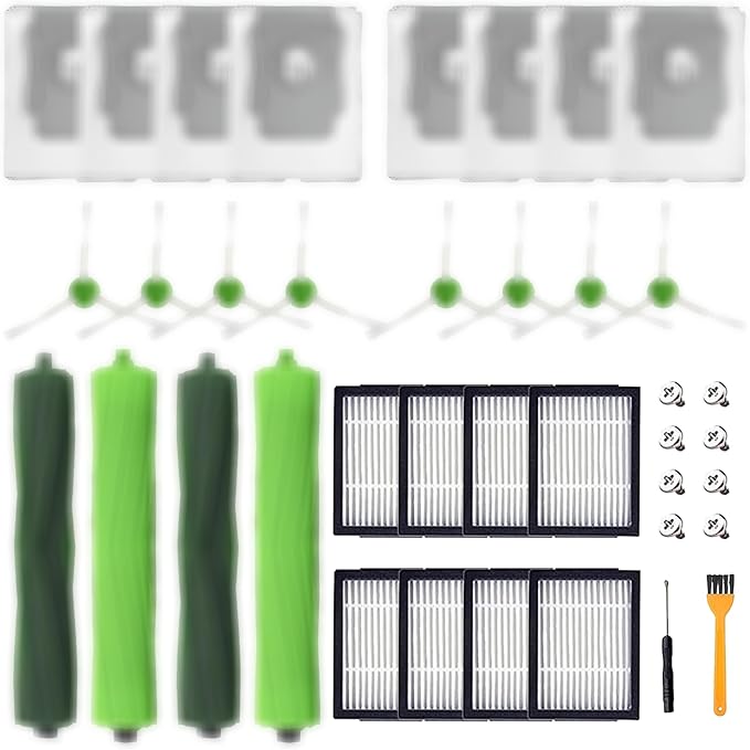 Replacement Parts for irobot Roomba i1+ i7/i7+ i3+ i4+i6+ i8+ J7+/Plus E5 E6 E7,I & E & J Series Vacuum Cleaner Accessories inclue 2 Set Roller Brushes & 8 Filters & 8 Side Brushes & 8 dust Bags - AquaVibe