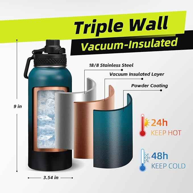 32 oz Insulated Water Bottle with Straw & Auto Spout Lid, Bottle Sleeve with Strap, Paracord Handle, 32oz Flask Purple Metal Water Canteen, Stainless Steel Water Jug for Sports Gym Woman Girls