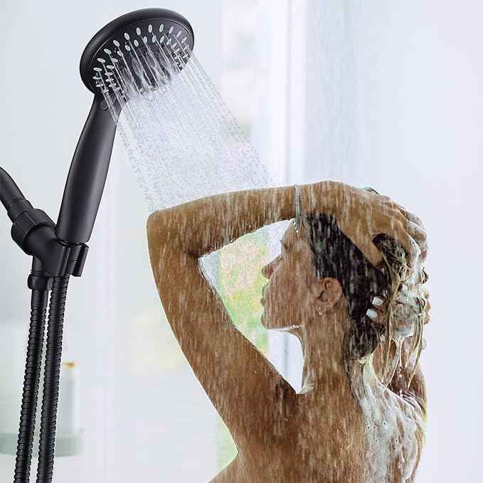 Shower Head with Handheld, Briout 5-Settings Showerhead High Pressure Powerful Water Spray Shower Head with Stainless Steel Hose and Adjustable Mount, Matte Black