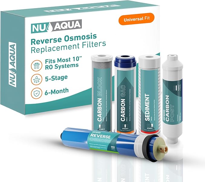 NU Aqua Reverse Osmosis Water Filter System Replacement Set - 5 Stage Under Sink Kit - Includes Membrane, Sediment, Carbon Filters, Parts & Fittings - Universal Undersink RO Filtration Cartridge Pack - AquaVibe