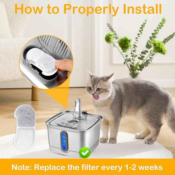16+16 Pack Replacement Filters for SEIRMEP 101oz/3L Stainless Steel Cat Water Fountain, Includes 16 Filters & 16 Sponges
