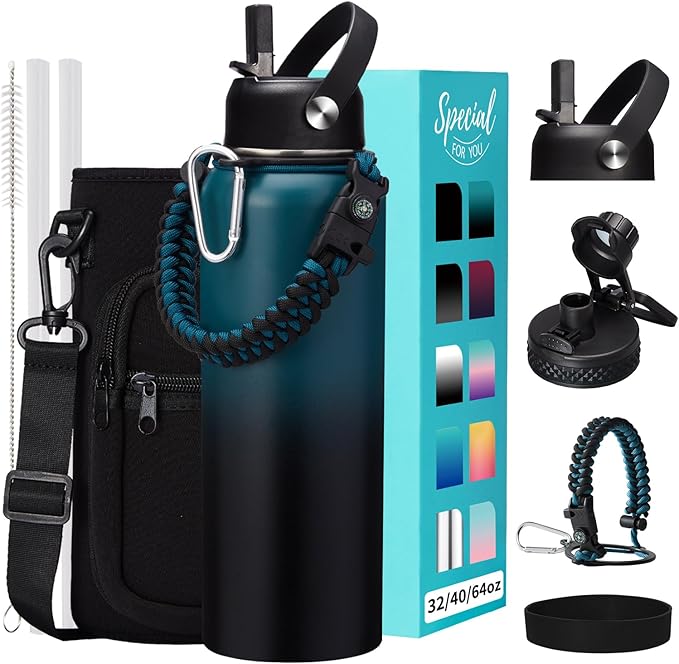 32/40/64OZ Insulated Water Bottle - Keep Cold 48H Hot 24H, Combo Straw/Spout Lids, Paracord Handle for Gym/Hiking, Carrier Bag +Strap, Cup Mat, BPA-Free Stainless Steel Flask Jug