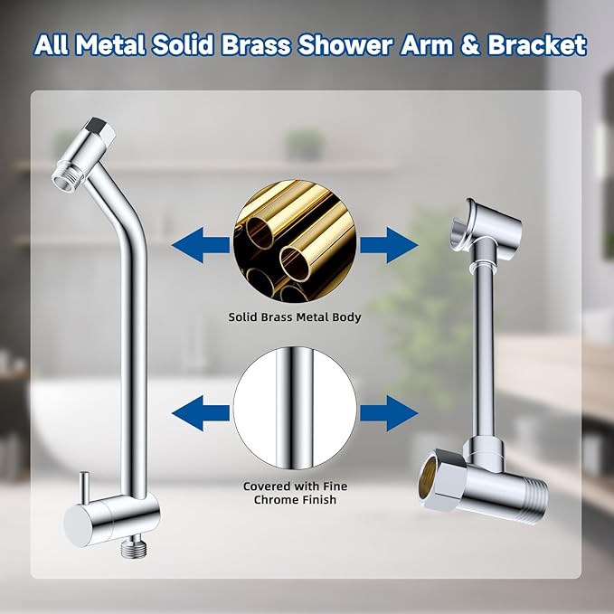 All Metal Dual Shower Head Easy Reach, High Pressure 10-Spray Handheld Shower & 6" Square Rainfall Shower Head Combo, Shower Extension Arm, 71" Hose, 3-way Diverter, Brass Shower Bracket, Chrome