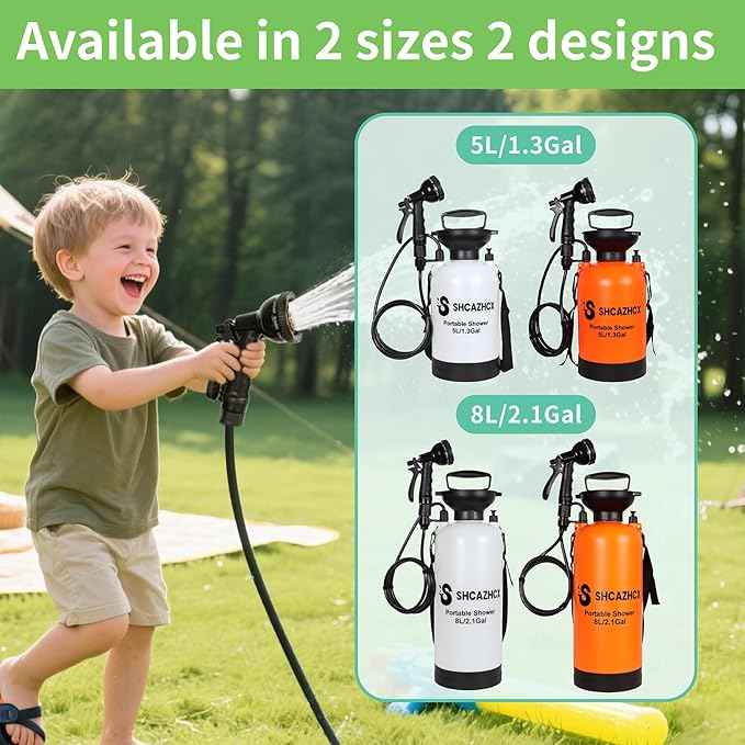 2.1 Gallon/8L Portable Water Shower, No Power Needed, Nylon Insulated Sleeve, 10 Spray Modes, Pressurized Portable Shower Sprayer for Camping, Hiking, Beach, Surfing & Outdoor Use, White