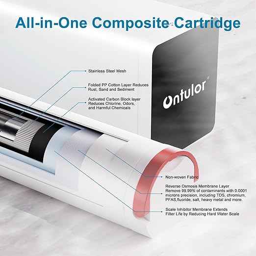 Ontulor Reverse Osmosis System, 6-in-1 Tankless, NSF/ANSI 42 & 372 Certified, 600 GPD RO Filtration, No Electricity Needed, Protable Water Purifier, TDS Meter Included（6-in-1 Reverse Osmosis System）