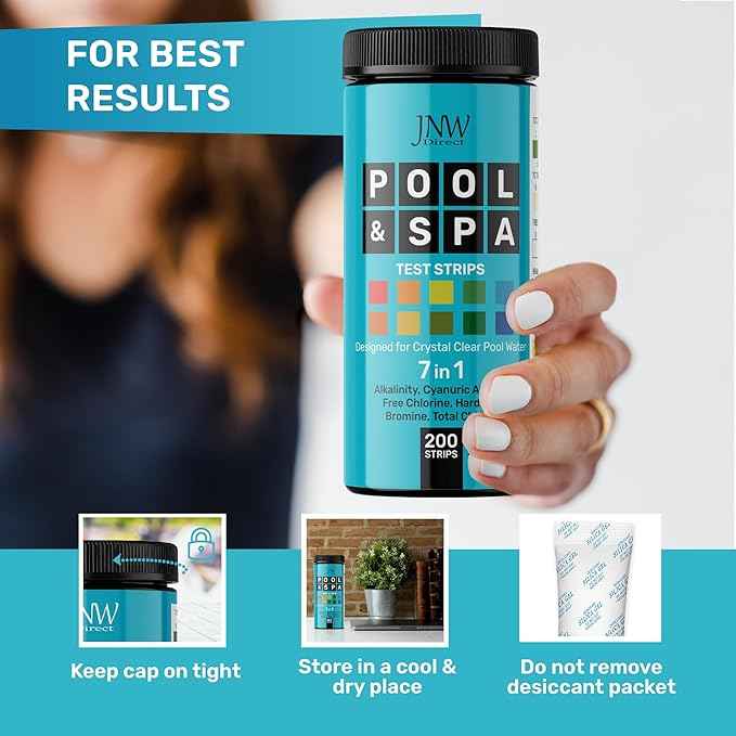 Pool Test Strips 7-in-1, 200 Quick and Accurate Pool and Hot Tub Test Strips - Pool Water Testing Kit for Chlorine, Bromine, pH, Hardness, More - All in 1 Swimming Pool Test Strips by JNW