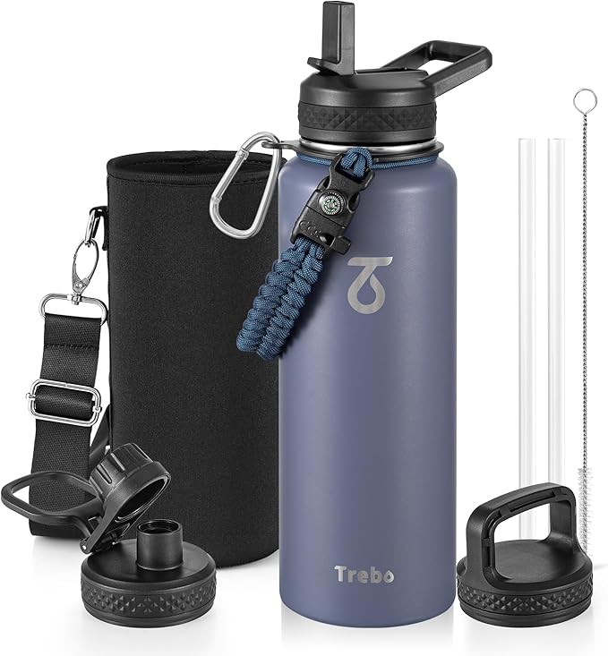 Trebo Water Bottle 40oz with Paracord Handle, Half Gallon Large Vacuum Double Wall Stainless Steel Insulated Water Jug with Holder Strap Straw Spout Lids, Leakproof Keep Cold & Hot, Grayish purple
