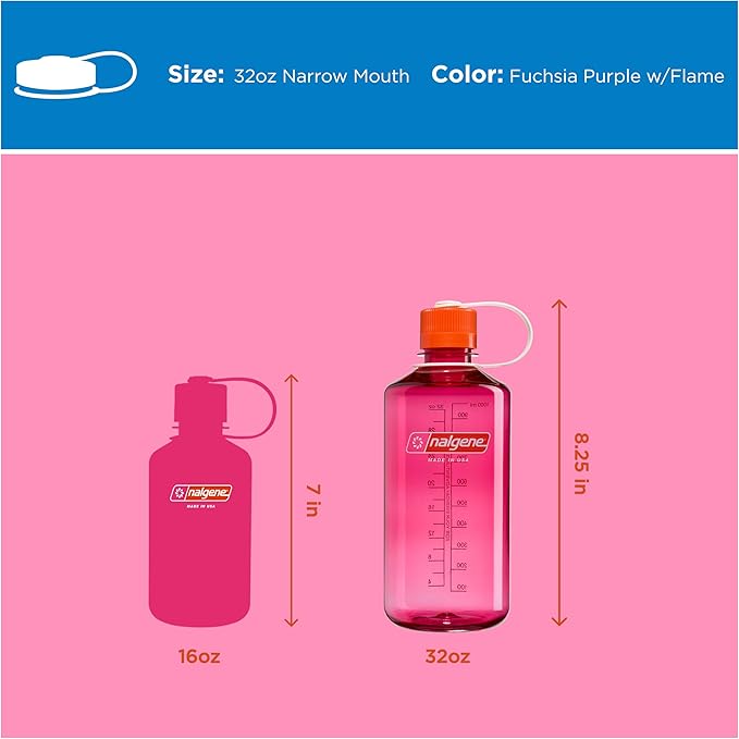 Nalgene 32 oz Narrow Mouth Water Bottle | BPA-Free, Durable & Leak Proof, Lightweight for Gym & Office – Thrill & Motion, Fuschia Purple w/Flame
