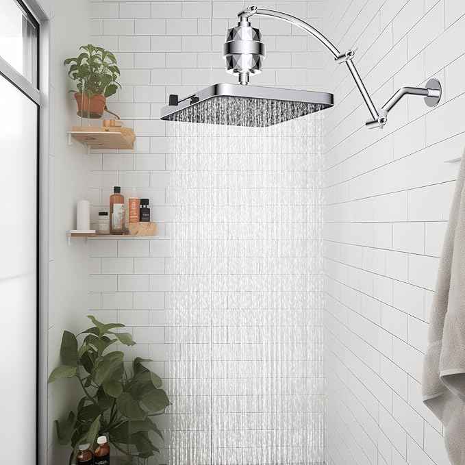 Hibbent Rain Filtered Shower Head, 13'' High Pressure Rainfall 5 Modes Showerhead with 16" Shower Head Extension Arm, Solid Brass Adjustable Shower Arm Extender, 20 Stage Shower Filter, Chrome