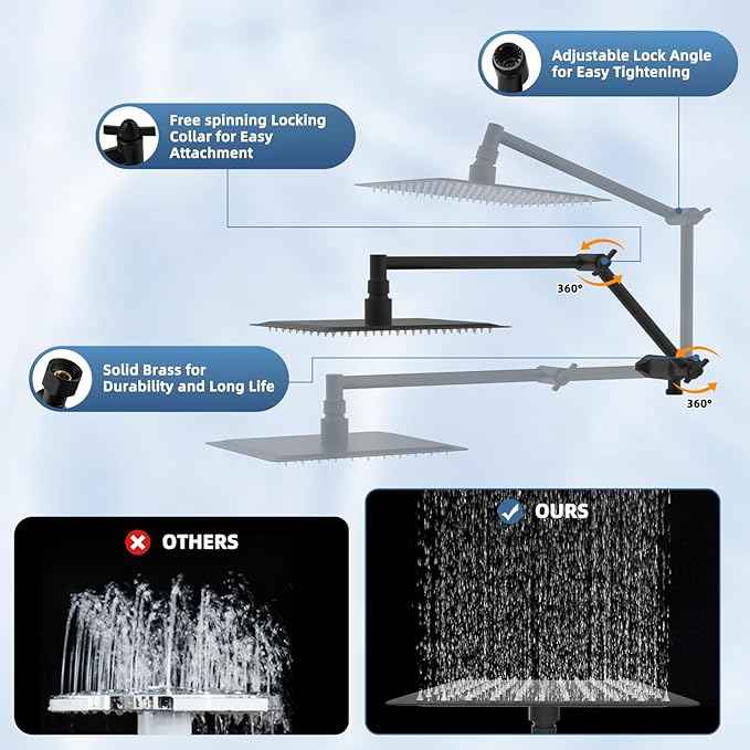 12“ All Metal Black Rain Shower Head with Handheld Spray Combo, High Pressure Rainfall Shower Head with16" Shower Extension Arm, 5“ Handheld Spray Powerful Clean 10-Mode, 3-Way Diverter, Shower Hose