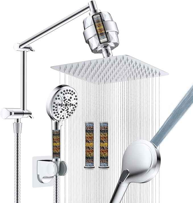 iFealClear Metal Rain Filtered Shower Head, 10” High Pressure Rainfall Shower Head with Handheld Spray, 5“ Handheld Powerful Wash 10-Mode, 16" Adjustable Extension Arm, 20-Stage Shower Filters, Chrome