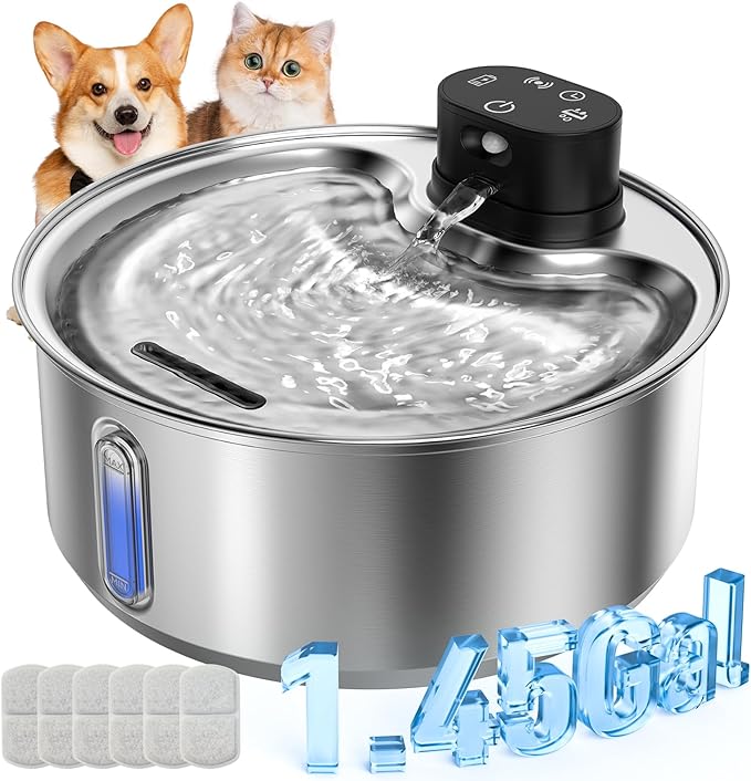 Stainless Steel Cat Water Fountain, 186fl.oz/1.45Gal Wireless Dog Water Fountain Battery Operated, Pet Water Dispenser Cordless for Cats & Dogs Indoor