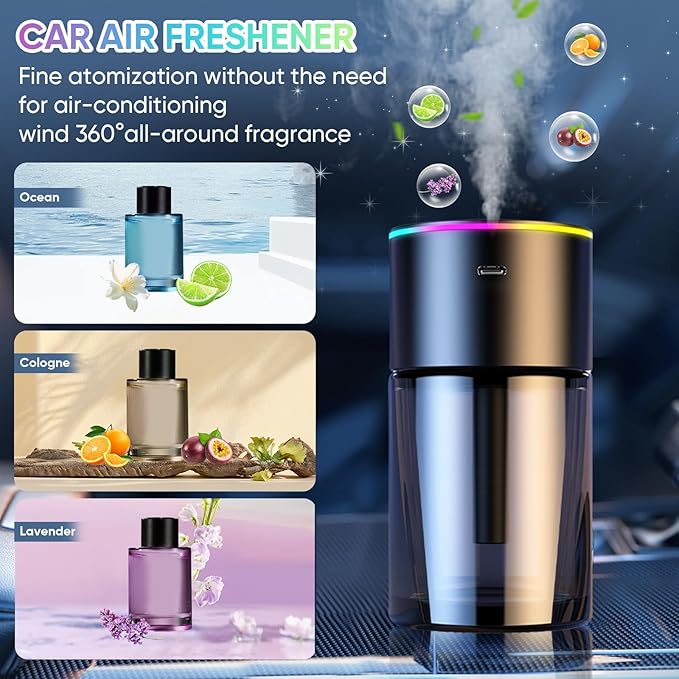 Smart Car Air Freshener Diffuser 180ML Large Capacity, 270-Day Essential Oil Rechargeable Auto On/Off with 7-Color Light & Star Projection for Home Office,Ocean Scent