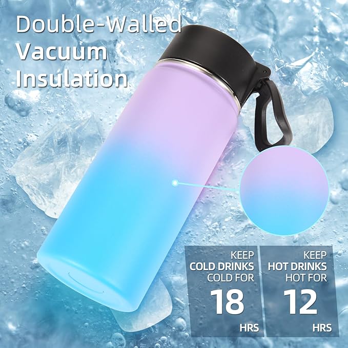 Volhoply 16 OZ Kids Water Bottle Bulk 2 Pack,Insulated Sports Bottles with Straw Lid,Stainless Steel Bottle with Handle Keep Cold,Double Wall Vacuum Tumbler Cup for School,Girl(Lavender Blue, 2