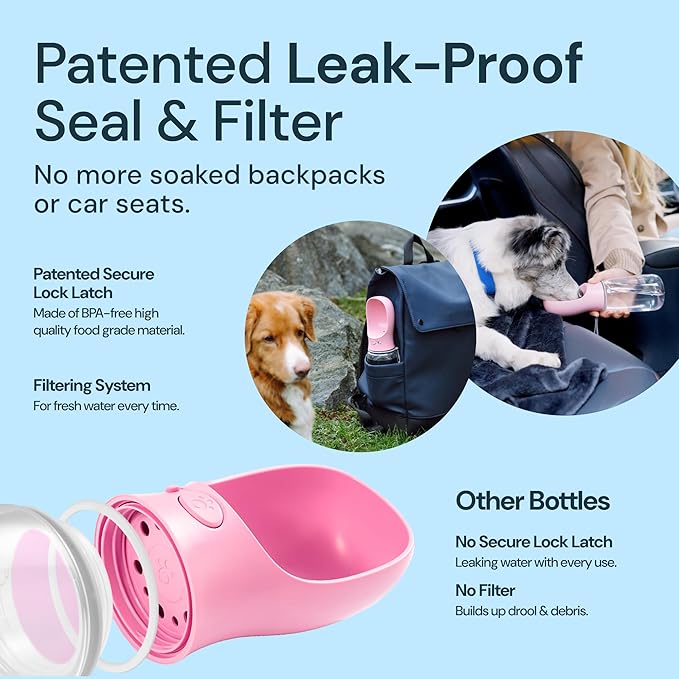 MalsiPree Dog Water Bowl Dispenser - 12 Oz, Pink - Portable Dog Water Bottle & Travel Pet Bowl - Leak Proof - AquaVibe