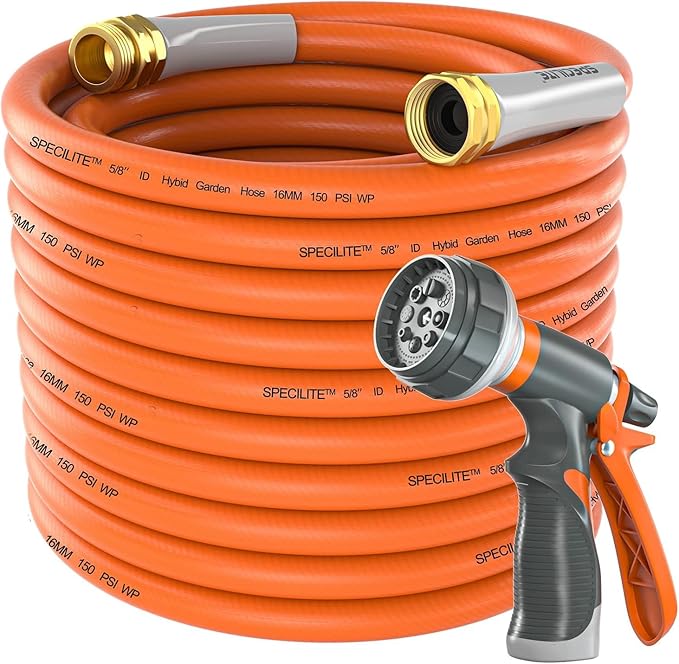 Garden Water Hose 200 ft x 5/8 in Heavy Duty, Flexible and Lightweight, Burst 600 psi, Kink-less Hybrid Rubber Pipe for Backyard, 3/4'' Brass Fittings, Orange
