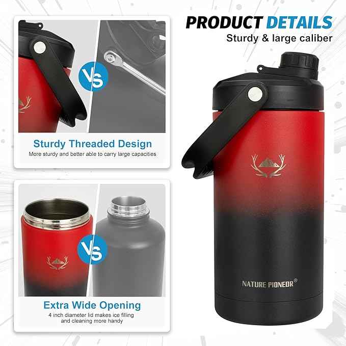 NATURE PIONEOR 64 oz Insulated Water Bottle - Double Vacuum Stainless Steel Half Gallon Water Jug with Holder/Carrier, Wide Mouth, Outdoor Sports, Hiking, Camping, Gym